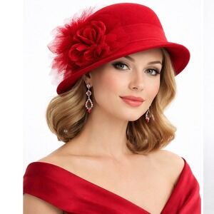 Kathy Jeanne Vintage 100% Wool Made in the USA Red Tea Party Derby Hat